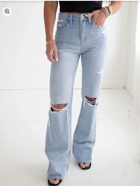 New Vervet Blue Leslie 90s Vintage Flare Jeans Light Wash Distressed Size 30